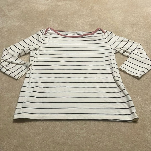 L.L. Bean Navy and Cream Striped Shirt with Pink/Salmon Boatneck Detailing - Picture 1 of 4